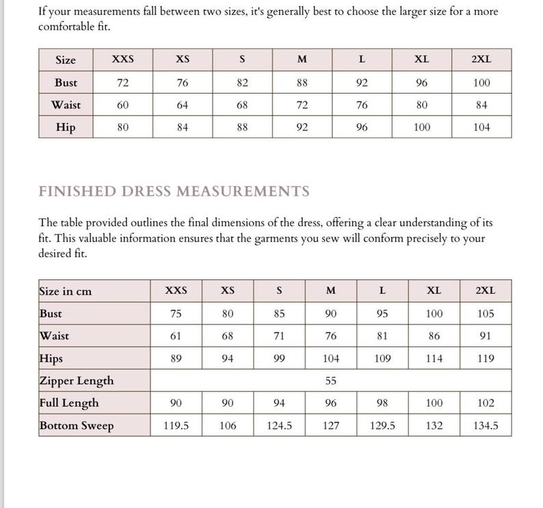 May include: A chart showing finished dress measurements in inches for sizes XXS to 2XL. The chart includes measurements for bust, waist, hips, zipper length, full length, and bottom sweep.