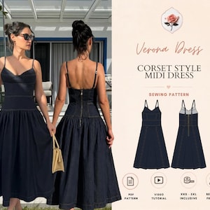 May include: A dark blue denim midi dress with a corset-style bodice, thin straps, and a full skirt. The design features visible stitching, a back zip, and is presented as a sewing pattern titled Verona Dress with technical illustrations.