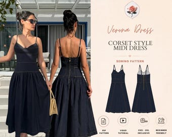 Verona-jurk | Midi-jurk in korsetstijl | Jurk met sweetheart-halslijn en bandjes | Geschikt voor beginners | Maten XXS–2XL | Directe PDF-download