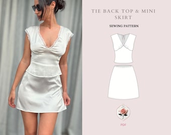 Tie Back Top and Mini Skirt Pattern | PDF Sewing Pattern | Coquette Top | A Line Skirt Pattern | Open Back Shirt | INSTANT DOWNLOAD