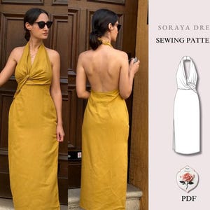 Op de afbeelding: Een mosterdgele halter-maxijurk met een gedraaid lijfje, een open rug en een zijsplit. De afbeelding bevat een technische lijntekening van het Soraya Dress naaipatroon met de tekst SORAYA DRESS SEWING PATTERN PDF.
