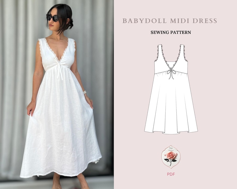 Op de afbeelding: Een wit babydoll midi-jurk naaipatroon met een V-hals en een strikdetail. Het patroon is ge&iuml;llustreerd op een roze achtergrond met de tekst "BABYDOLL MIDI DRESS SEWING PATTERN" en een roosafbeelding met het woord "PDF".