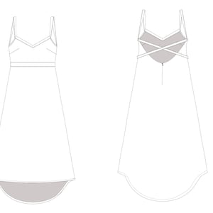 Puede incluir: Un vestido blanco sin mangas con escote en V y un detalle de espalda cruzada. El vestido tiene un dobladillo alto-bajo, con la espalda m&aacute;s larga que el frente.