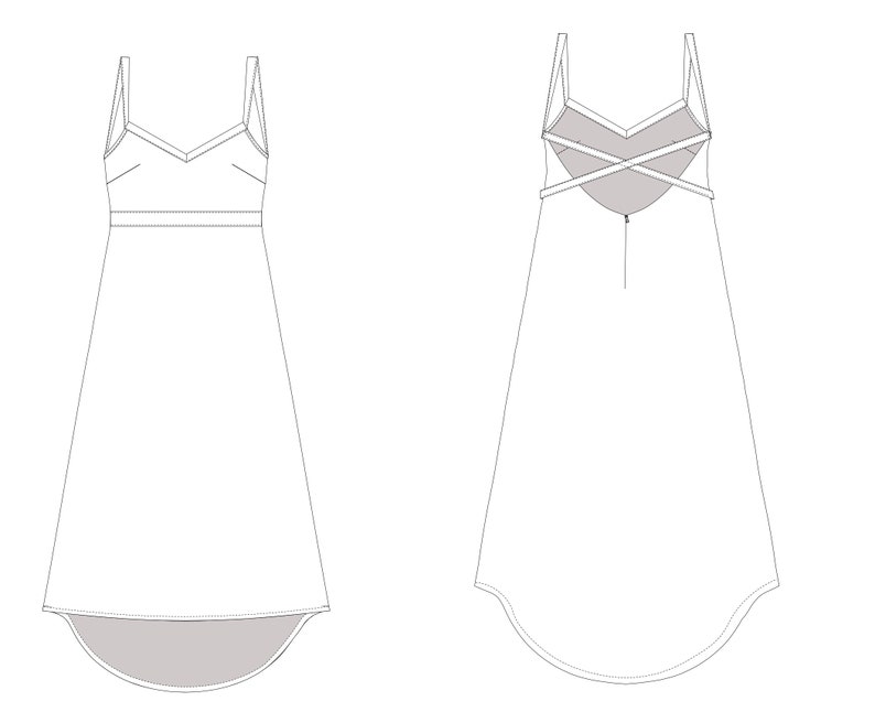 Puede incluir: Un vestido blanco sin mangas con escote en V y un detalle de espalda cruzada. El vestido tiene un dobladillo alto-bajo, con la espalda m&aacute;s larga que el frente.