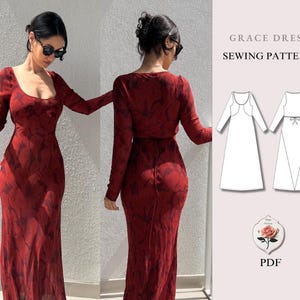 Könnte beinhalten: Ein langärmeliges, bodenlanges Kleid mit dunkelrotem Blumenmuster und Rundhalsausschnitt. Das Bild enthält eine technische Strichzeichnung des Grace Dress Schnittmusters mit Vorder- und Rückansicht sowie den Text Grace Dress Sewing Pattern PDF.