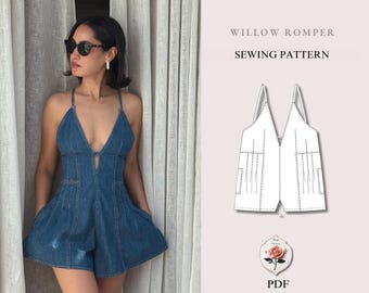 Willow Romper | Deep V Neck Romper Pattern | Fitted Pleated Bodice Playsuit | Beginner Friendly | Sizes XXS–2XL | Instant PDF Download