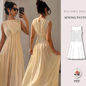 Peut inclure: Une robe sans manches de couleur crème avec des plis verticaux et une encolure ronde. L'image comprend un dessin technique du patron de couture Paloma Dress, présentant une jupe évasée et une fermeture au dos, étiqueté comme PDF.