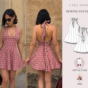 May include: A Cara Dress sewing pattern featuring a short, sleeveless, plaid dress with a halter neckline and a lace-up back. The image includes a technical line drawing of the front and back of the dress, along with text labels for sewing pattern, app access, and PDF.