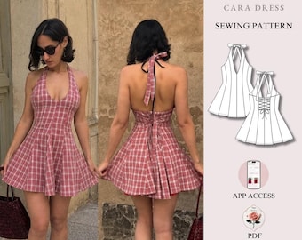 Cara Dress | Halter Mini Dress Pattern | Open Back Corset Tie Dress | Beginner Friendly | Sizes XXS–2XL | Instant PDF Download