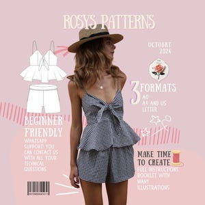 May include: A digital illustration of a woman wearing a black and white gingham top and shorts. The illustration is for a sewing pattern for a beginner-friendly top and shorts set. The text "Rosys Patterns" and "3 Formats" are included in the image.
