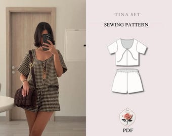 Tina Set | Naaipatroonbundel voor crop top | Digitaal PDF-naaipatroon | Damesblouse & wijde shorts | XXS-5XL | Direct downloaden