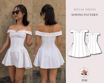 Naaipatroon voor een off-shoulder mini-jurk | Maten XXS–2XL | Nauwsluitende jurk met sweetheart-halslijn en uitlopende rok | Direct te downloaden als PDF