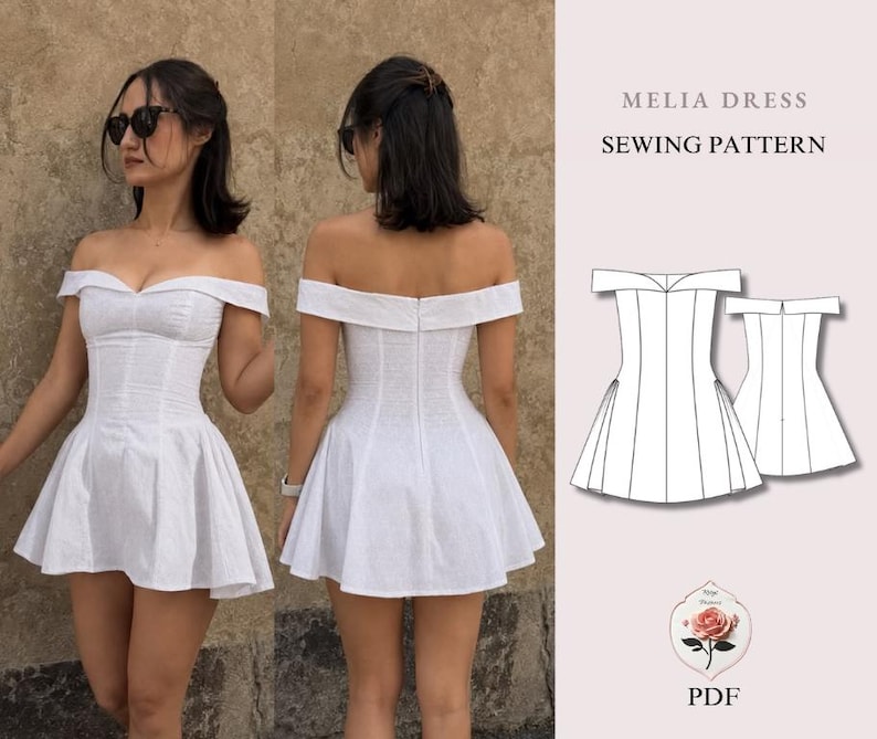 Off-Shoulder Mini Dress Sewing Pattern | Sizes XXS–2XL | Sweetheart Neckline Fit & Flare Dress | Instant PDF Download image 1