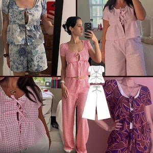May include: A collection of two-piece sets featuring short-sleeved tops with front tie closures and matching bottoms in various patterns including blue floral, pink gingham, red gingham, and purple leaf prints, alongside a white line drawing pattern.