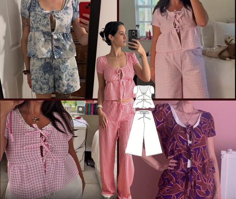 May include: A collection of two-piece sets featuring short-sleeved tops with front tie closures and matching bottoms in various patterns including blue floral, pink gingham, red gingham, and purple leaf prints, alongside a white line drawing pattern.