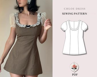Chloe Dress | Romantic Empire Waist Mini Dress Sewing Pattern | Puff Sleeve Dress | Beginner Friendly | Sizes XXS–2XL | Instant PDF Download