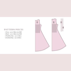 May include: A diagram of a dress pattern with four labeled pieces. The pattern pieces are in light pink, with the text "PATTERN PIECES" at the top. The diagram includes the front, back, neckline bias, and armhole bias.
