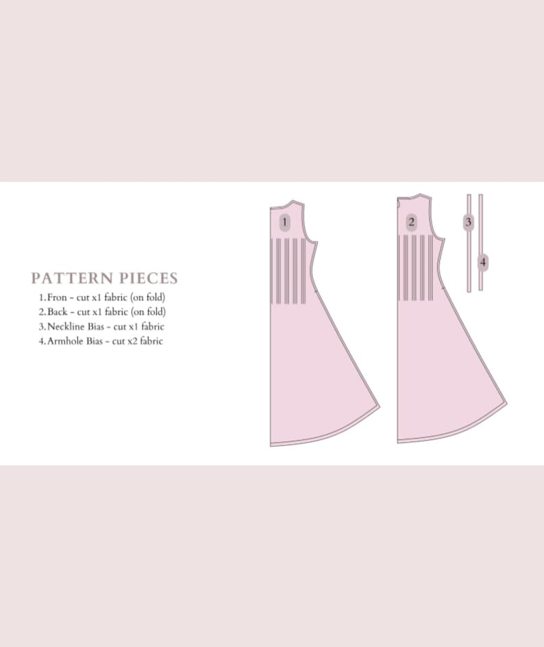 May include: A diagram of a dress pattern with four labeled pieces. The pattern pieces are in light pink, with the text "PATTERN PIECES" at the top. The diagram includes the front, back, neckline bias, and armhole bias.