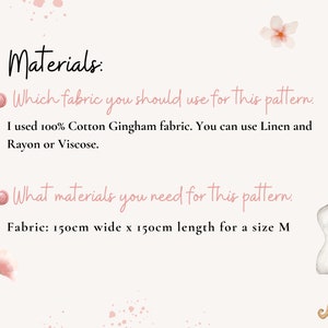 K&ouml;nnte beinhalten: Informative Grafik mit rosa Text und floralen Akzenten. Sie listet Materialien f&uuml;r ein Schnittmuster auf, darunter 100% Baumwoll-Gingham, Leinen, Rayon oder Viskose. Der Stoffbedarf wird mit 150cm Breite und 150cm L&auml;nge f&uuml;r eine Gr&ouml;&szlig;e M angegeben.