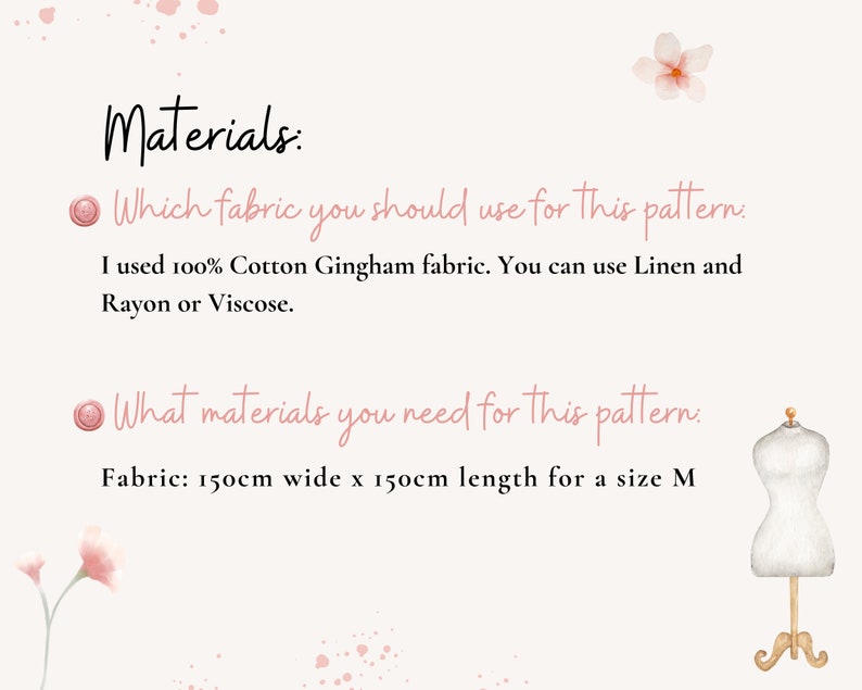 K&ouml;nnte beinhalten: Informative Grafik mit rosa Text und floralen Akzenten. Sie listet Materialien f&uuml;r ein Schnittmuster auf, darunter 100% Baumwoll-Gingham, Leinen, Rayon oder Viskose. Der Stoffbedarf wird mit 150cm Breite und 150cm L&auml;nge f&uuml;r eine Gr&ouml;&szlig;e M angegeben.