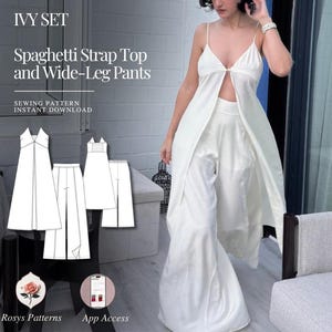 Op de afbeelding: Een wit Ivy Set naaipatroon met een top met spaghettibandjes en een wijde broek. De afbeelding toont het afgewerkte witte kledingstuk naast technische lijntekeningen van het patroon, met de tekst IVY SET, Sewing Pattern Instant Download.