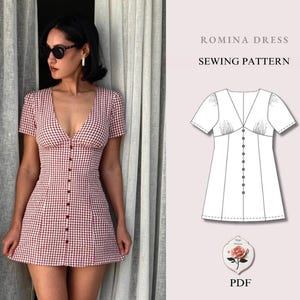 Può includere: Un abito a stampa gingham rosso e bianco con scollo a V e chiusura con bottoni. L'abito ha maniche corte e una gonna svasata. L'immagine include anche un'illustrazione del modello di cucito etichettata "Romina Dress" e un'icona PDF.