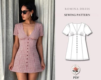 Romina Dress | V Neck Button Front Dress Pattern | Puff Sleeve A-Line Dress | Beginner Friendly | Sizes XXS–2XL | Instant PDF Download