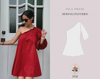 Patroon PDF A-lijn een schouder pofjurk met a-symmetrische halslijn, digitaal naaipatroon maat XXS - XXL