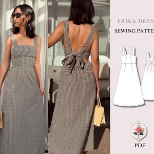 Peut inclure: Une robe longue à motif vichy noir et blanc, dotée d'une encolure carrée, de larges bretelles et d'un dos nu avec un grand nœud en tissu. L'image contient le texte ERIKA DRESS SEWING PATTERN ainsi qu'une icône PDF.