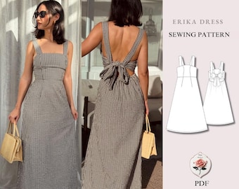 Erika jurk | Midi-jurk met open rug | Empire-jurk met vierkante hals en strik | Geschikt voor beginners | Maten XXS–2XL | Directe PDF-download