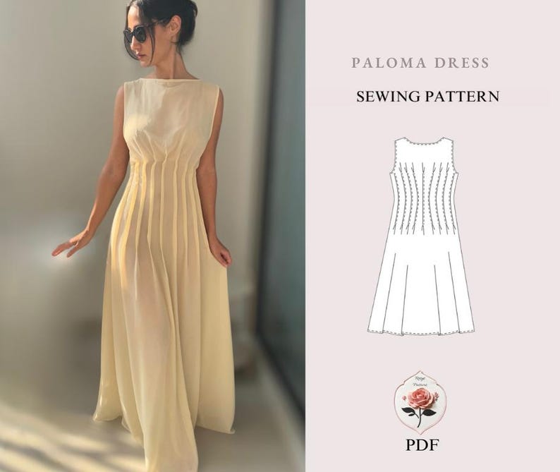 May include: A sleeveless, pale yellow dress with vertical pleats at the bodice and a flowing skirt. The dress is worn by a person wearing sunglasses. The image also includes a sewing pattern for the "Paloma Dress" and the text "PDF".