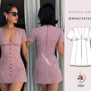 Puede incluir: Un vestido de manga corta con estampado de cuadros vichy en rojo y blanco, con escote en V profundo y cierre frontal de botones. La imagen incluye un dibujo técnico etiquetado como Romina Dress Sewing Pattern con un icono de rosa y texto PDF.