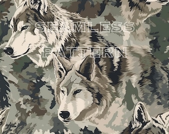 Camo Wolf Seamless Pattern - Download digitale - Rustic Hunting Design - Arte stampabile per decorazioni per la casa o artigianato