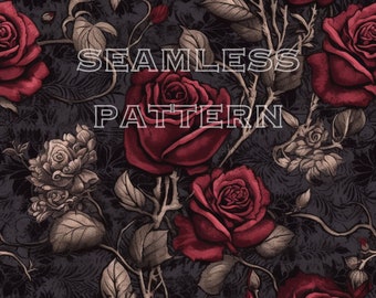 Dark Rose Seamless Pattern - Download digitale - Disegno floreale gotico - Arte stampabile per decorazioni per la casa, tessuti o artigianato