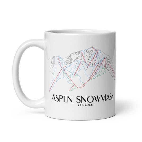 Aspen Snowmass Mountain Resort Ski Trail Minimalist Map Coffee Mug. Skiing Coffee Cup Ceramic or Enamel. Colorado Ski Snowboard Souvenir.