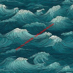 Puede incluir: Un patrón sin costuras de olas azules y blancas. Las olas están dibujadas en un estilo gráfico estilizado, con líneas y curvas que crean una sensación de movimiento y profundidad.