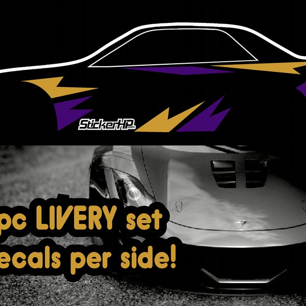 Purple & Gold CRUNCH Style Custom Livery drift car side graphics quarter panel stickers decals set - both sides - can fit on any car!