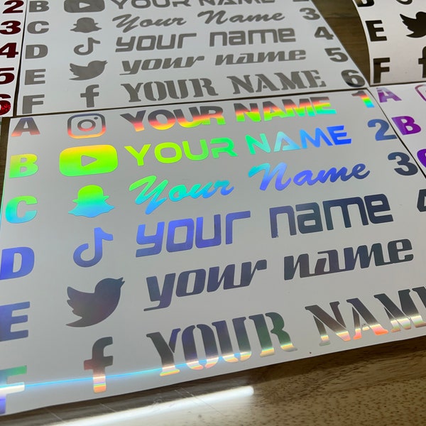 Rainbow Holographic OIL SLICK Your Name custom made Social Media Vinyl Stickers for Car Windows, Laptops, Tumbler Decals