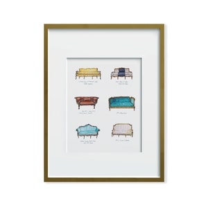Posh Doodle Sofas and Settees in Watercolor | PRINTABLE Wall Art | Digital Download Art Print | 9 Sofas | Use As Sets or Individual Pieces