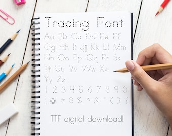 Tracering lettertype TTF downloadbaar bestand! Lettertype voor leraar, lettertype voor studenten, handschriftpraktijk, lettertype voor kinderen, gestippeld lettertype, onderbroken lettertype