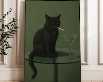 May include: A framed art print featuring a black cat with green eyes, smoking a cigarette, and sitting next to a martini glass with olives. The background is a solid green color, and the cat is on a glass table.