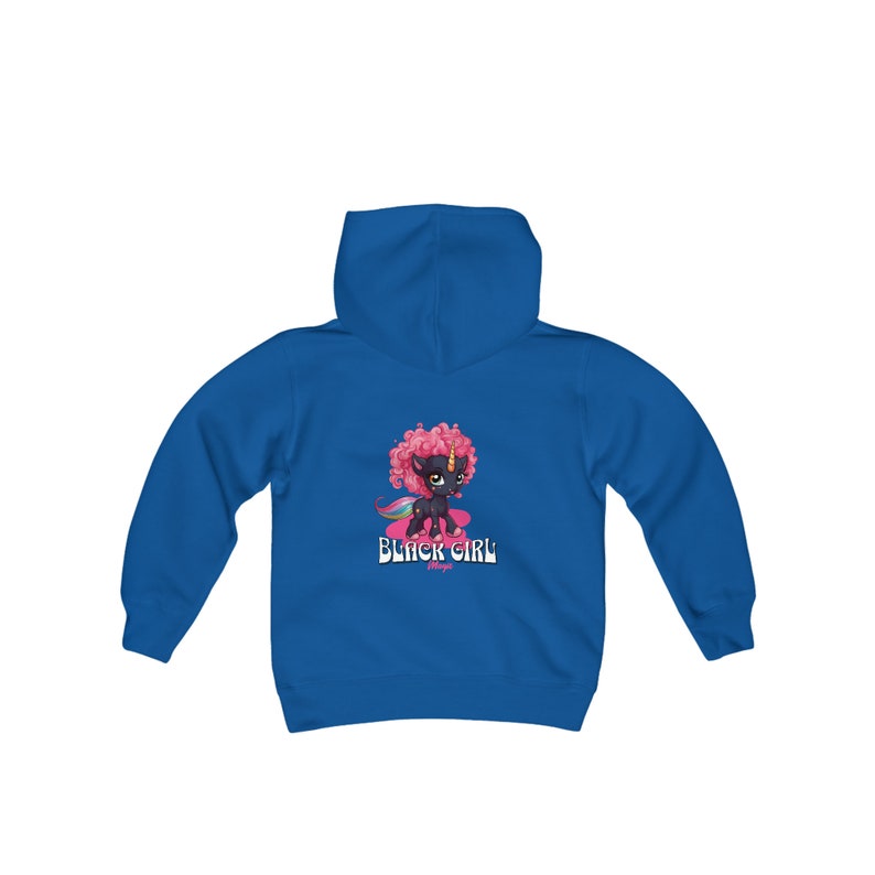 Black Girl Magic kids hoodie. Super cute black skinned unicorn with sweet pink curly hair. Wonderful gift for melanated girls image 8