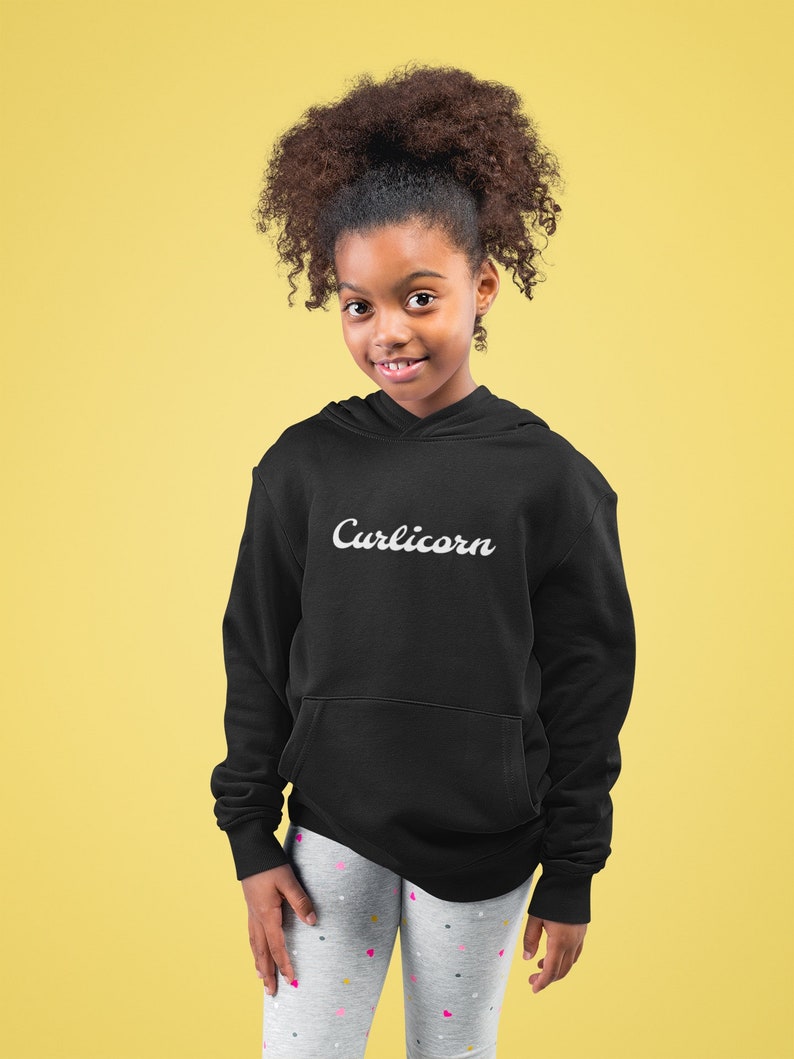 Black Girl Magic kids hoodie. Super cute black skinned unicorn with sweet pink curly hair. Wonderful gift for melanated girls image 1