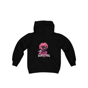 Black Girl Magic kids hoodie. Super cute black skinned unicorn with sweet pink curly hair. Wonderful gift for melanated girls image 2