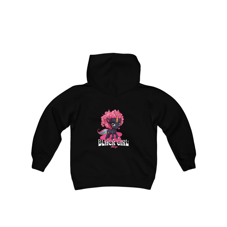 Black Girl Magic kids hoodie. Super cute black skinned unicorn with sweet pink curly hair. Wonderful gift for melanated girls image 2