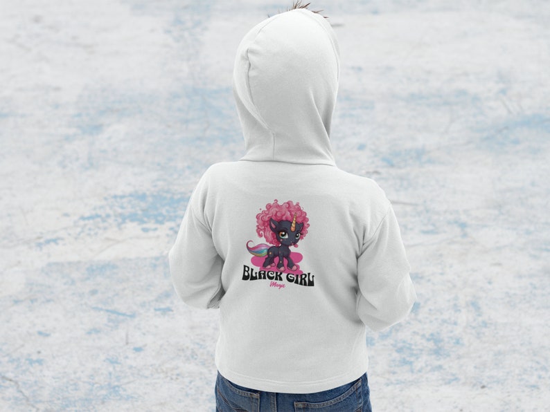 Black Girl Magic kids hoodie. Super cute black skinned unicorn with sweet pink curly hair. Wonderful gift for melanated girls image 3