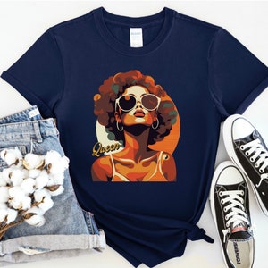 Black queen tshirt with cool vintage graphic of a confident dark skinned woman. Gift for beautiful melanated women