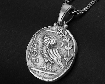 Athena Owl Necklace, Ancient Greek Coin, Greek Coin Replica, Silver Owl Pendant Jewelry, Goddess Athena, Wisdom Symbol