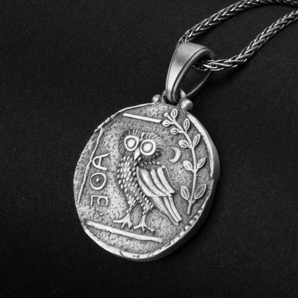 Athena Owl Necklace, Ancient Greek Coin, Greek Coin Replica, Silver Owl Pendant Jewelry, Goddess Athena, Wisdom Symbol
