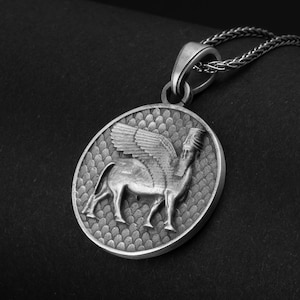 Lamassu Necklace, Assyrian Jewelry, Mesopotamian Art, Sterling Silver, Ancient Symbol, Protective Spirit